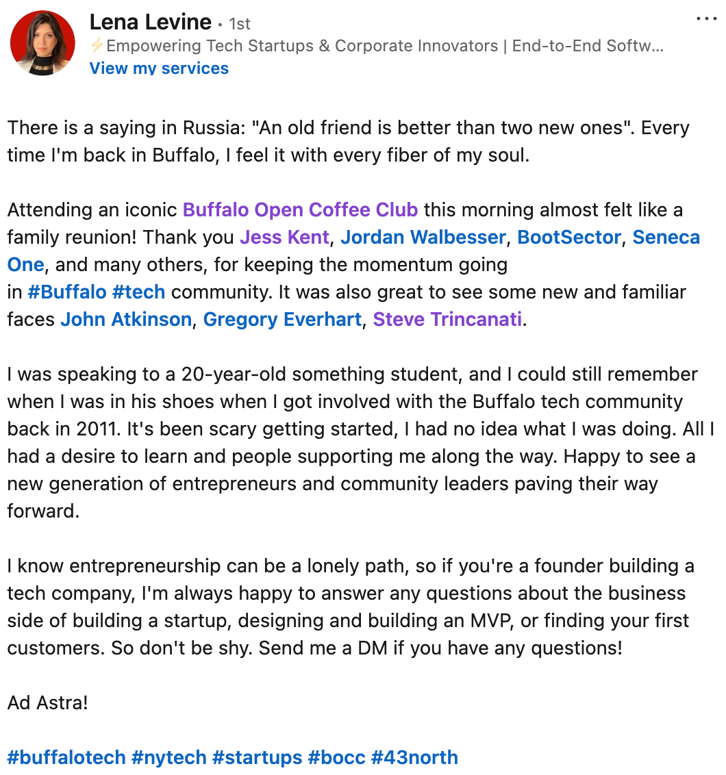 Screenshot of a LinkedIn post from Lena Levine about BOCC